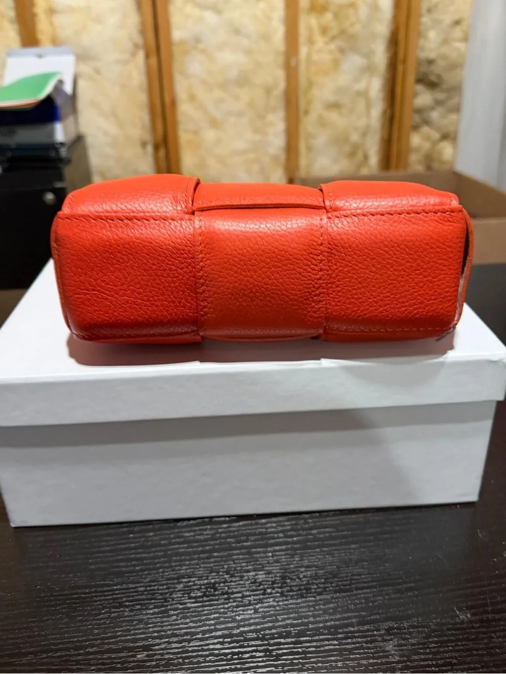 Monica Bini Orange pebbled small shoulder bag zip closure gold chain strap.